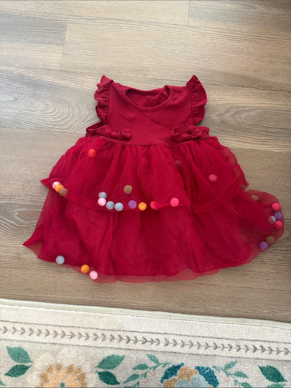 Red bay girl flutter sleeves ribbed pom pom tired dress